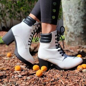 Women's White‎ Chunky Block High Heel Ankle Booties